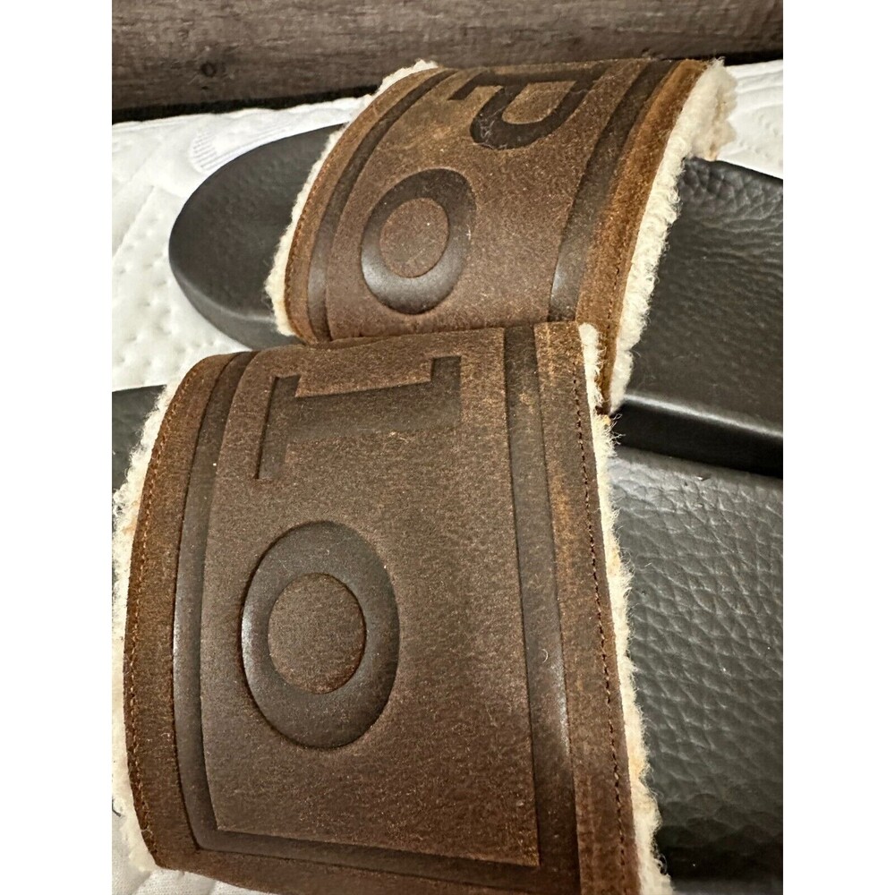 NWOB POLO RALPH LAUREN MEN'S SANDALS Suede Sherpa Lined Logo Slide SNUFF CAYSON - Picture 7 of 10